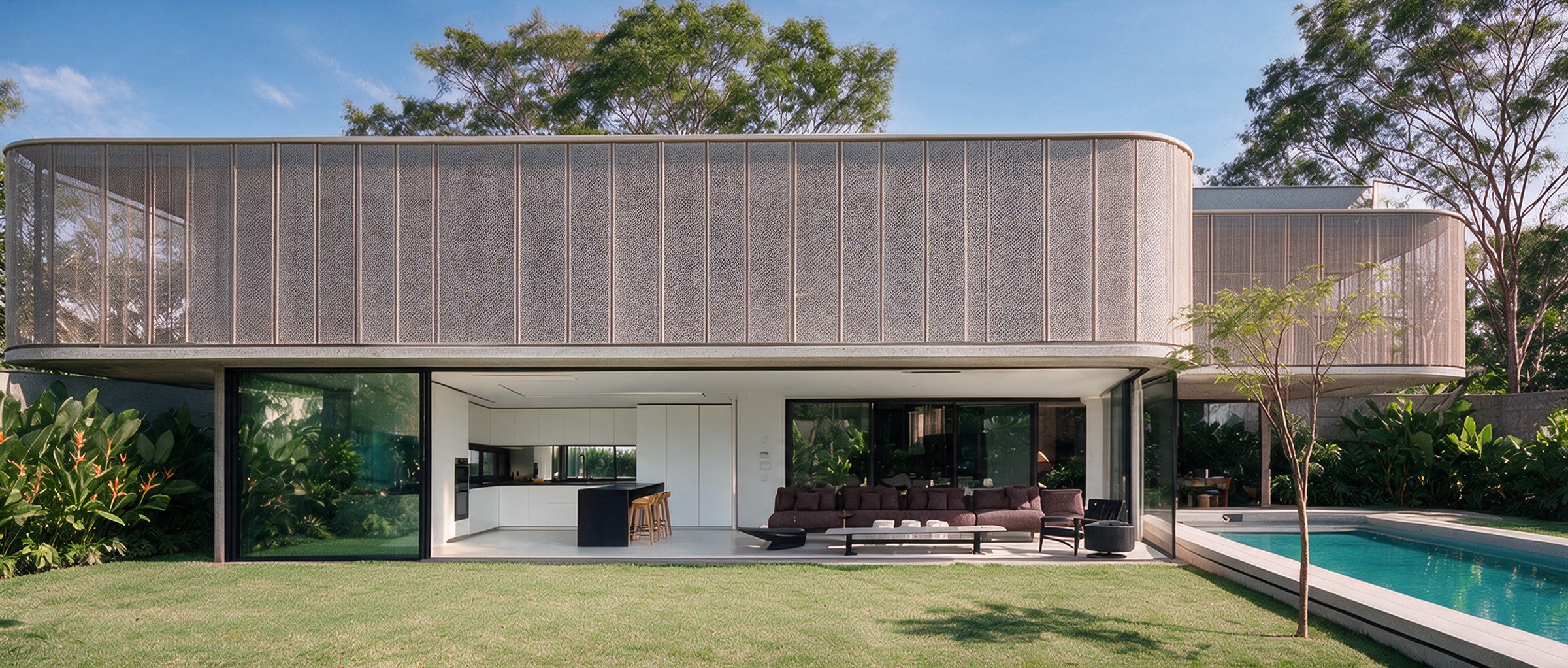 Casa contemporânea com quartos no pavimento superior e cozinha, jantar e estar abertos para o jardim e a piscina
