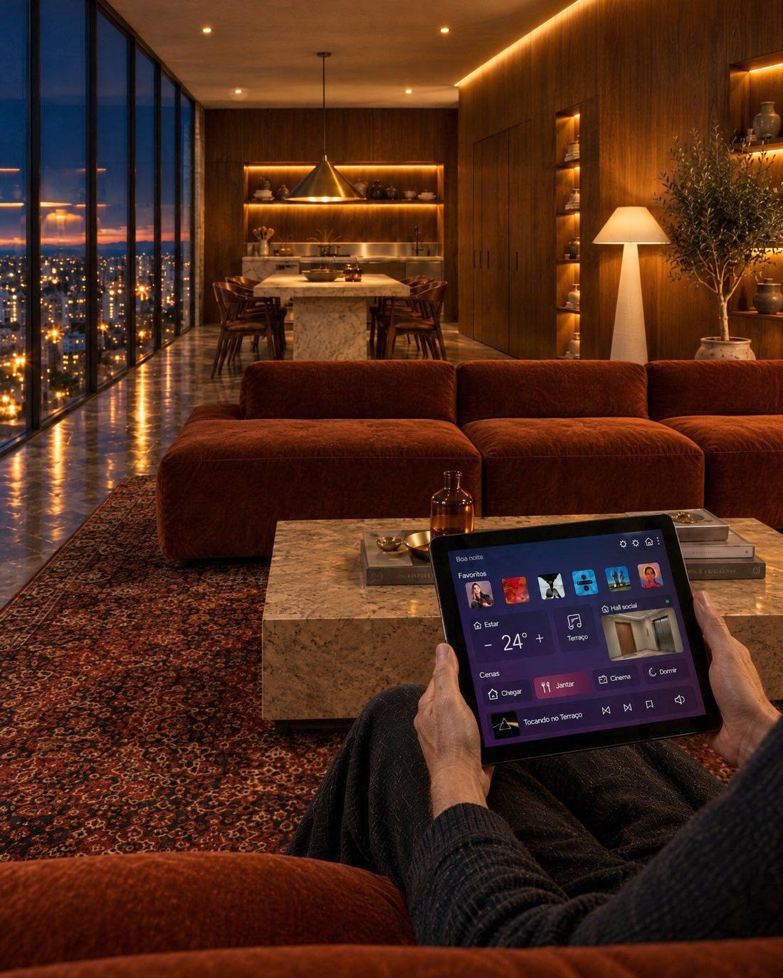 Estar à noite, cenas de luz no tablet