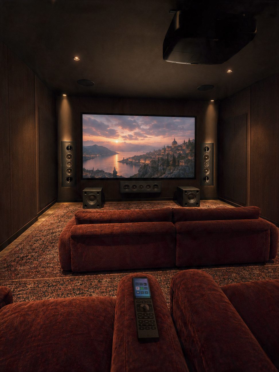 Sala de cinema dedicada com sofás cor telha, telão e controle em primeiro plano
