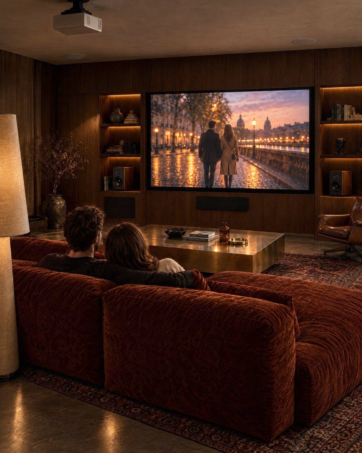 Casal assistindo a um filme no estar, com projetor e tela